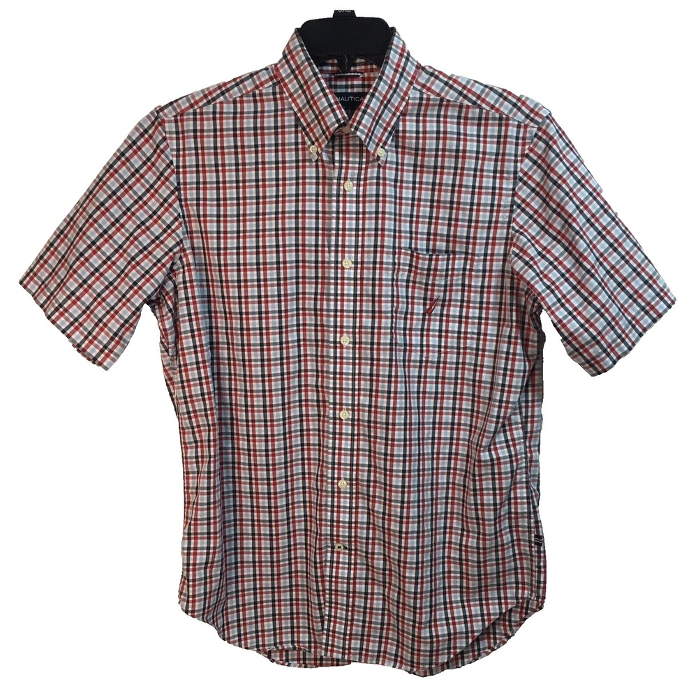 Nautica Shirt Men's Red Plaid Button Up Short Sleeve Shirt Casual Size Medium
